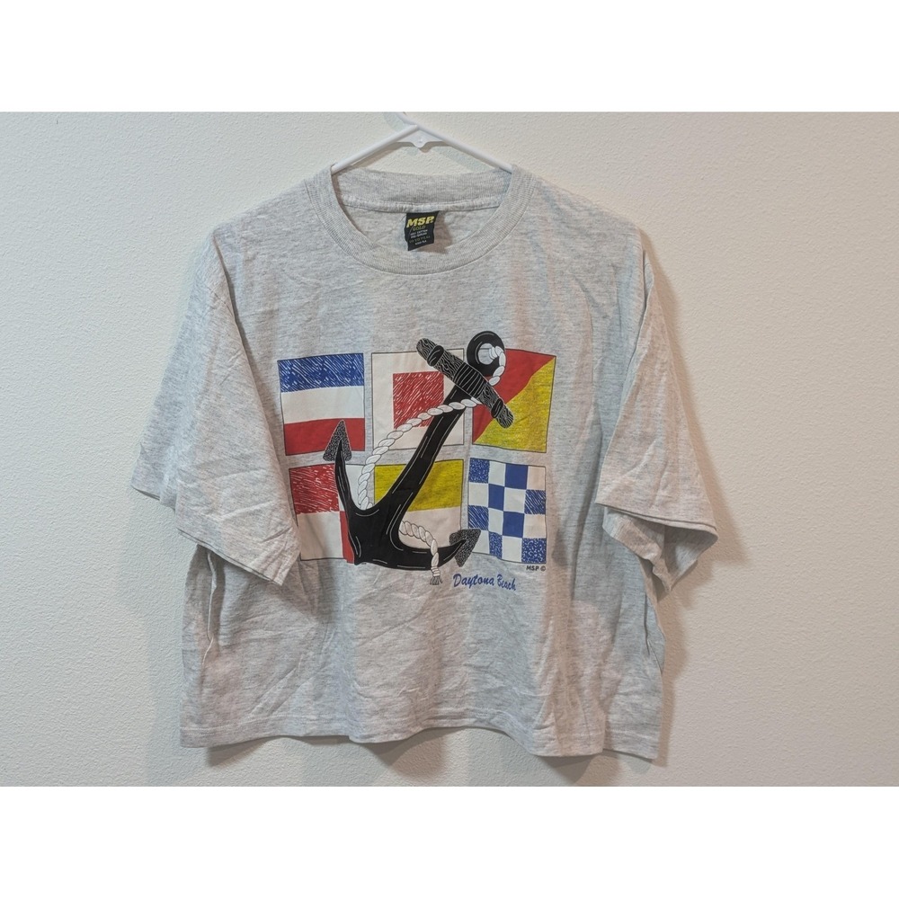 Vintage MSP Shirt Womens Gray Daytona Beach Cropped Nautical Tee Florida 80s